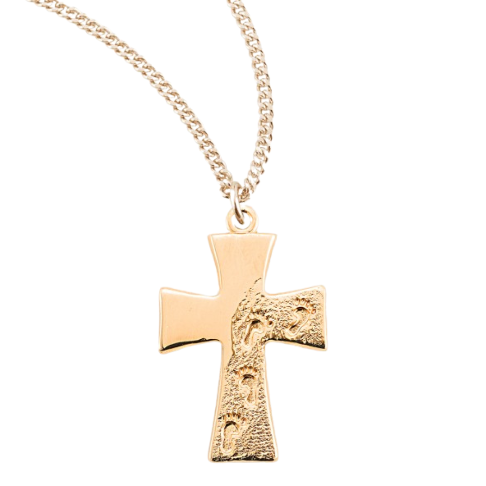 Gold Plated Sterling Silver Footprints in the Sand Cross, Catholic Gift, Made in USA