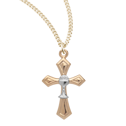 Two-tone Gold Plated Sterling Silver Cross with Chalice, Catholic Gift, Made in USA