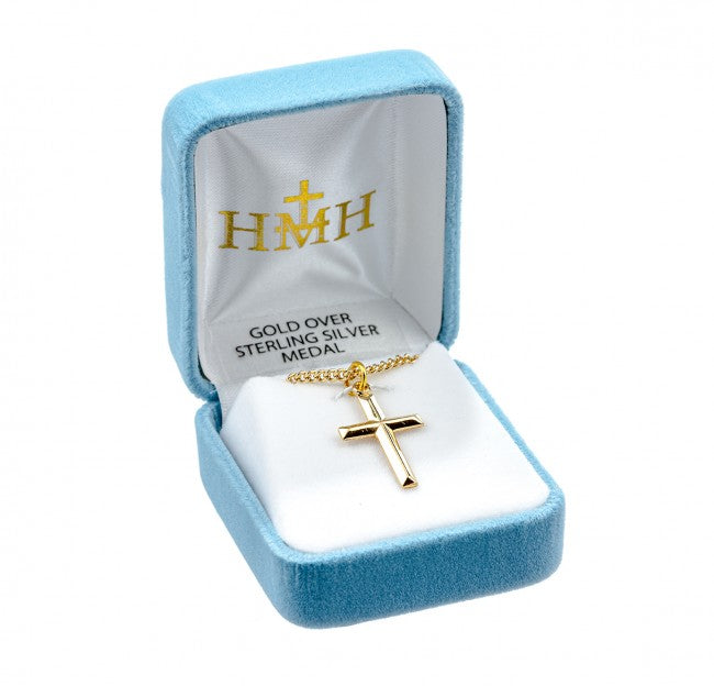 Angle Edged Cross 16kt Gold over Sterling Silver — 18" Chain, Made in USA, Gift Box