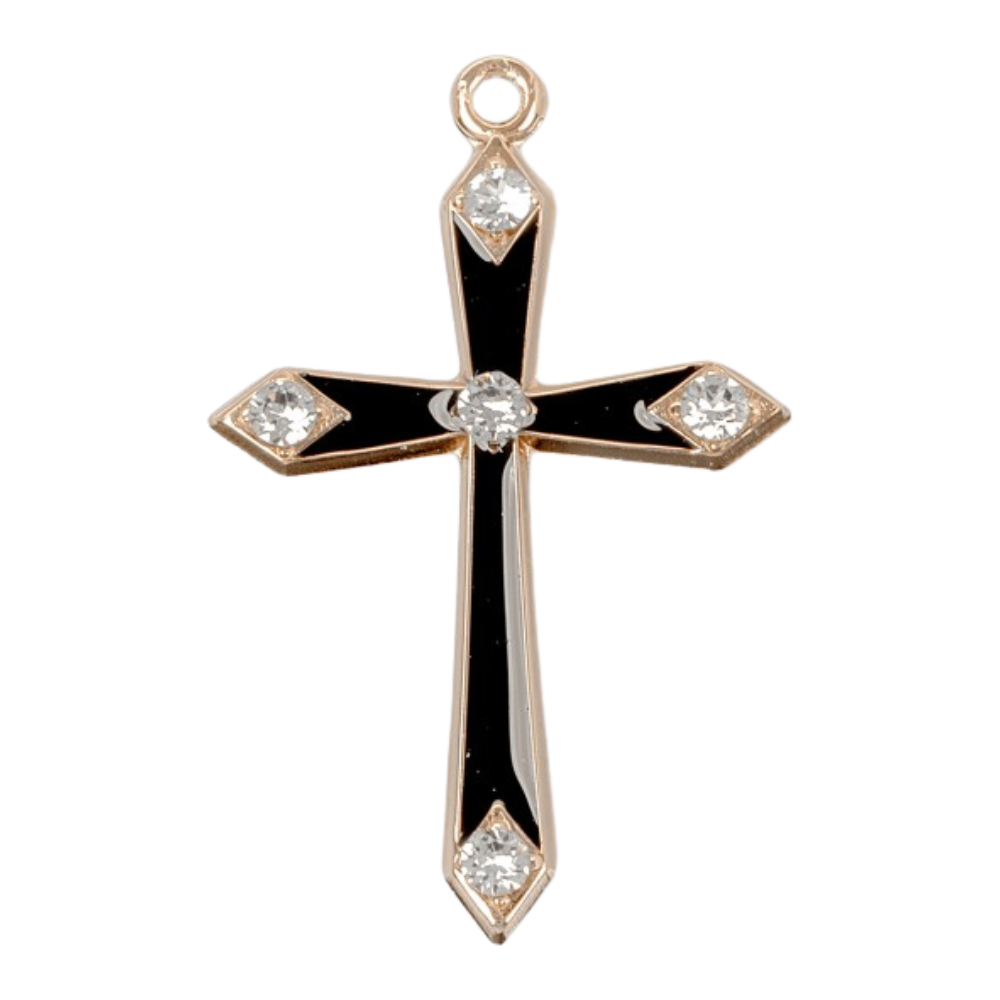 Black Enameled Cross 16kt Gold Over Sterling Silver Necklace with Five Crystals