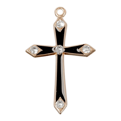 Black Enameled Cross 16kt Gold Over Sterling Silver Necklace with Five Crystals