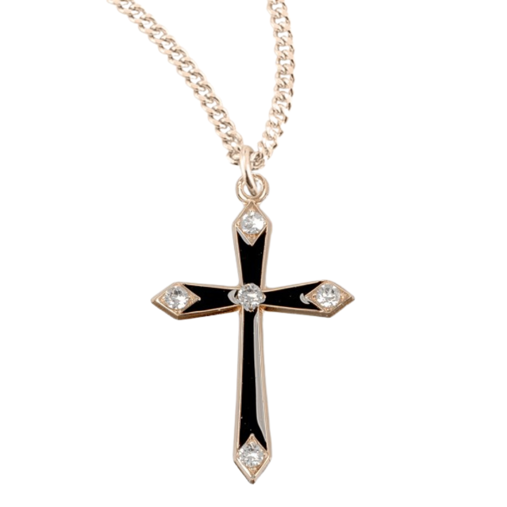 Gold Plated Sterling Silver Black Enameled Cross with Five Crystals, Catholic Gift, Made in USA