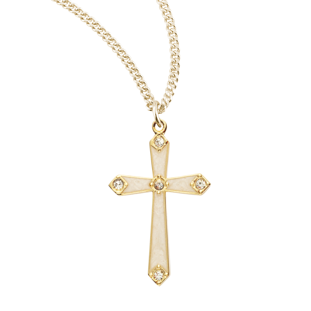 Gold Plated Sterling Silver Pearl Enameled Cross with Five Crystals, Catholic Gift, Made in USA