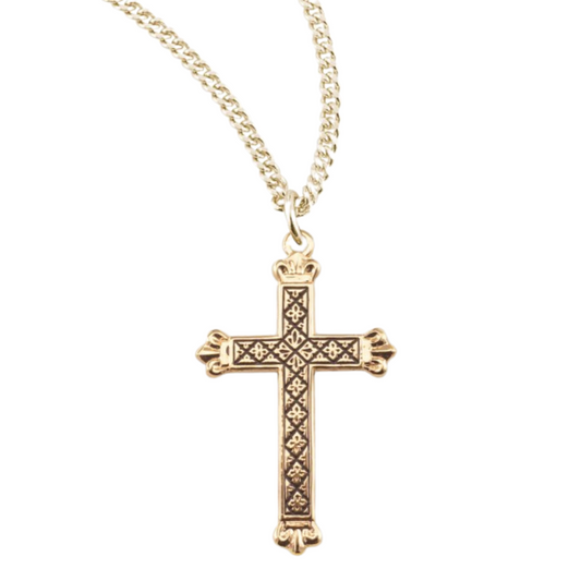Gold Plated Sterling Silver Cross with Black Enamel Design, Catholic Gift, Made in USA