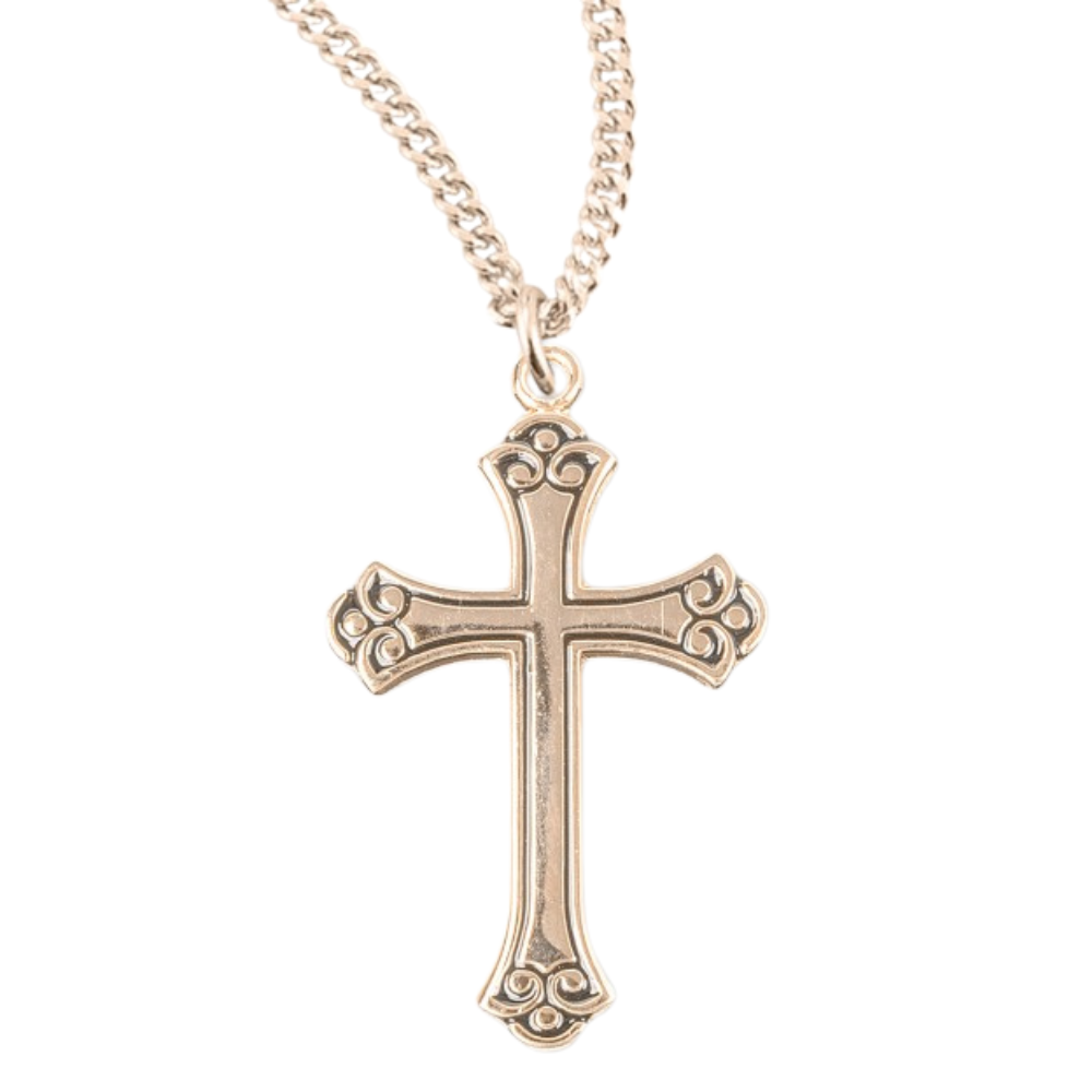 Swirl Tip Black Enameled Gold Plated Sterling Silver Cross, Catholic Gift, Made in USA