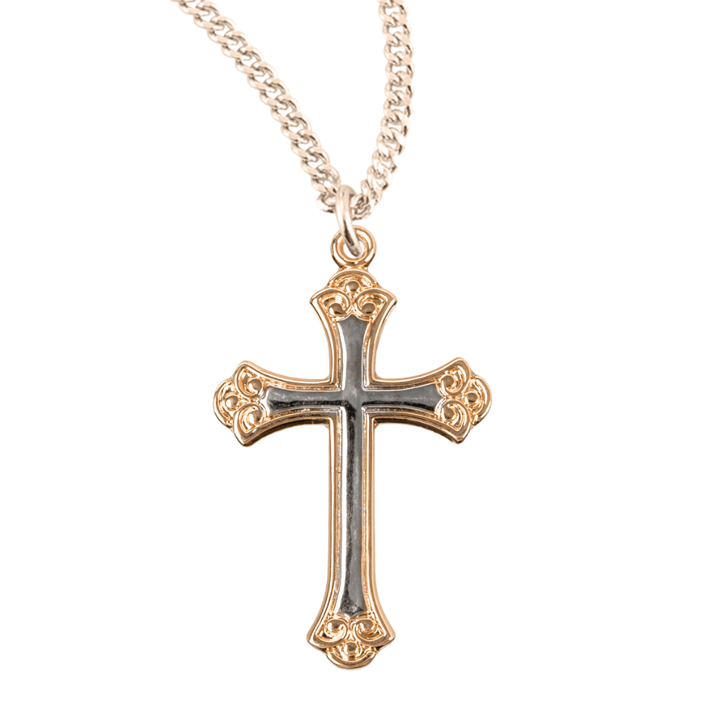 Gold Plated Sterling Silver Two-Tone Cross, Catholic Gift, Made in USA