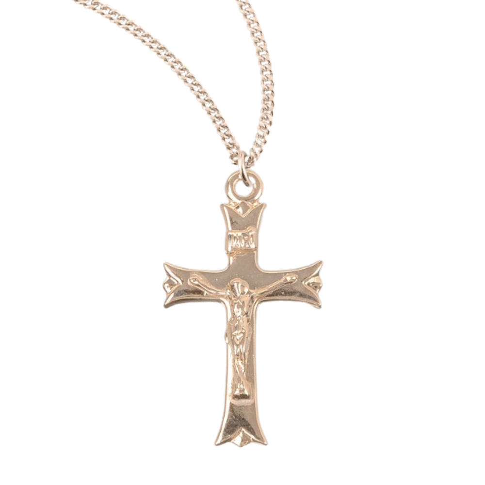 Notched flare Tipped Gold Plated Sterling Silver Crucifix, Catholic Gift, Made in USA