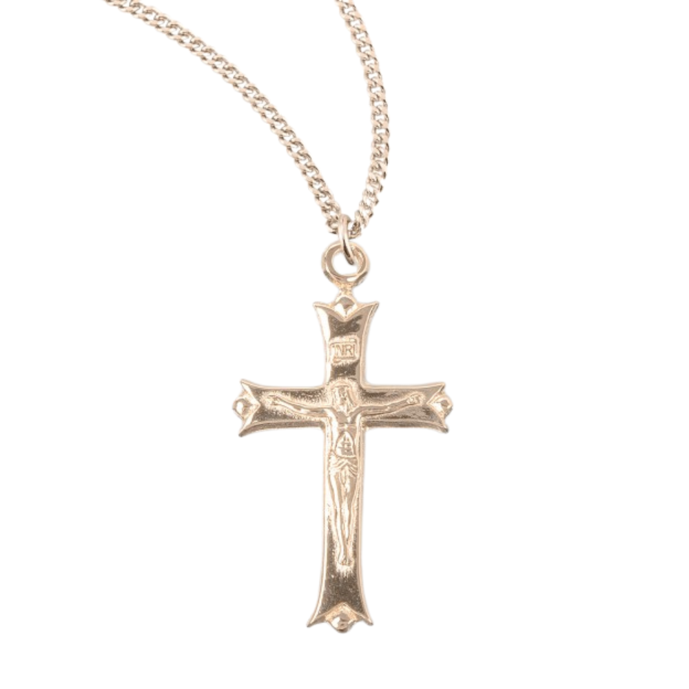 Leaf Tipped Gold Plated Sterling Silver High Polished Crucifix, Catholic Gift, Made in USA