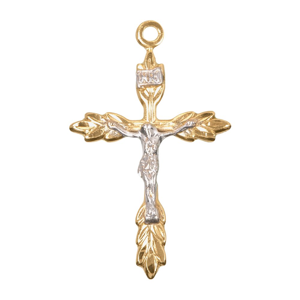 Two Tone Wheat Crucifix Gold Over Sterling Silver Pendant — 18" Chain, Gift Box