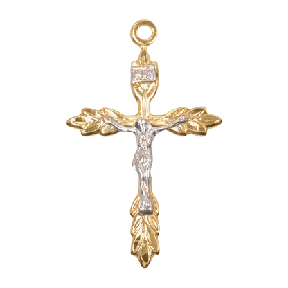 Two Tone Wheat Crucifix Gold Over Sterling Silver Pendant — 18" Chain, Gift Box