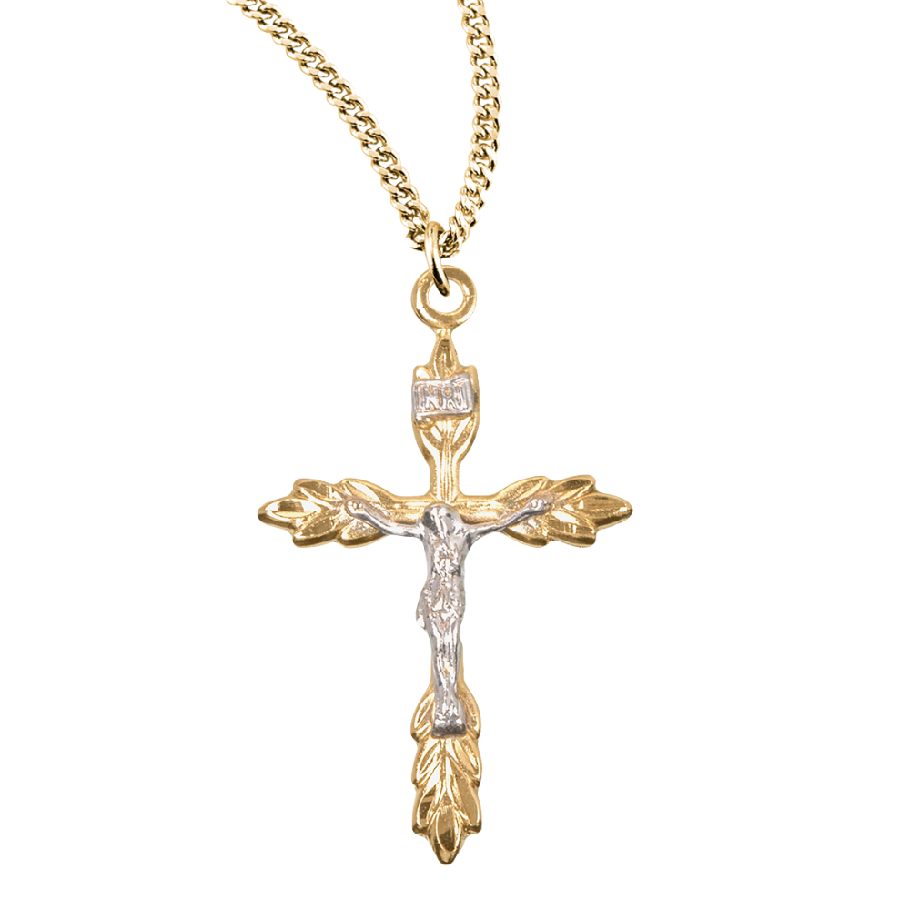 Gold Plated Sterling Silver Two Tone Wheat Crucifix, Catholic Gift, Made in USA