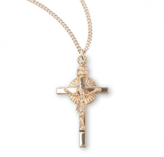 Sun Burst Gold Plated Sterling Silver Crucifix, Catholic Gift, Made in USA