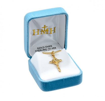 Sun Burst Crucifix Gold Over Sterling Silver Necklace — 18" Chain, Gift Box