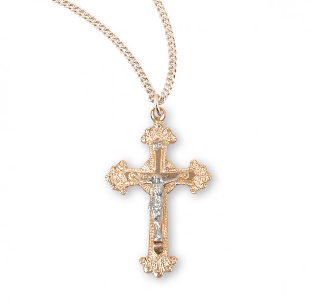 Fancy Engraved Gold Plated Sterling Silver Two Toned Crucifix, Catholic Gift, Made in USA