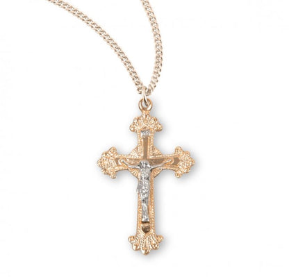 Fancy Engraved Gold Plated Sterling Silver Two Toned Crucifix, Catholic Gift, Made in USA