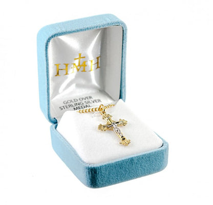 Two Toned Crucifix Gold Over Sterling Silver Pendant — 18" Chain, Gift Box