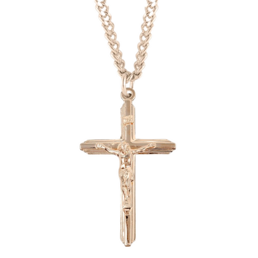 Stream Lined Gold Plated Sterling Silver Crucifix, Catholic Gift, Made in USA
