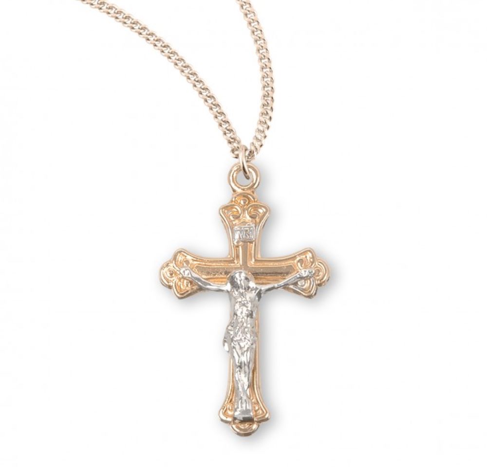 Gold Plated Sterling Two Toned Tapered Crucifix, Catholic Gift, Made in USA