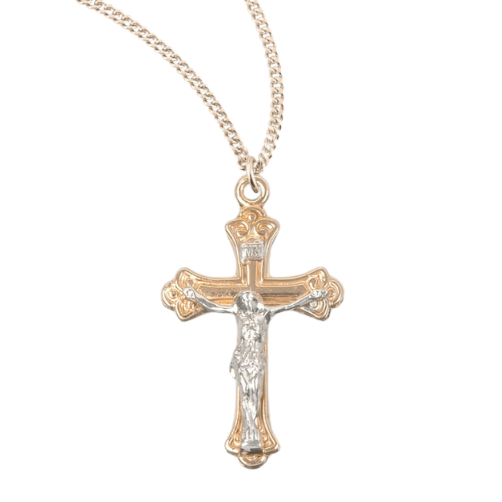 Gold Plated Sterling Two Toned Tapered Crucifix, Catholic Gift, Made in USA