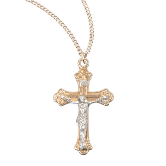 Gold Plated Sterling Two Toned Tapered Crucifix, Catholic Gift, Made in USA