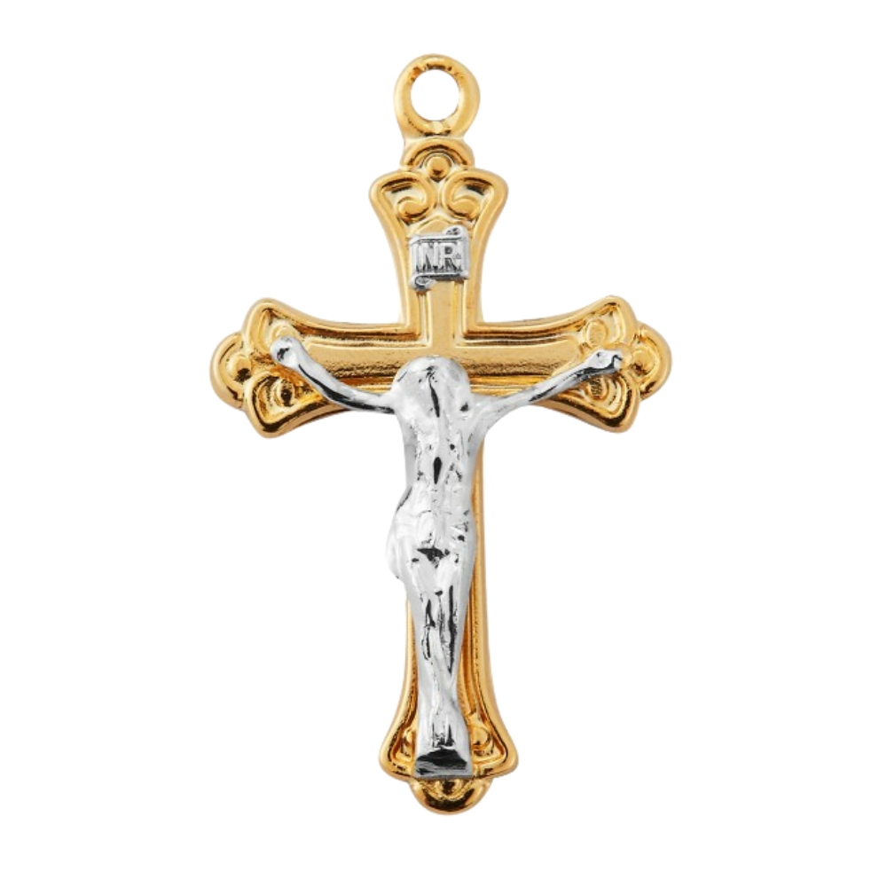 Title: Tapered Two Toned Crucifix 16kt Gold over Sterling Silver Necklace - 18" Chain