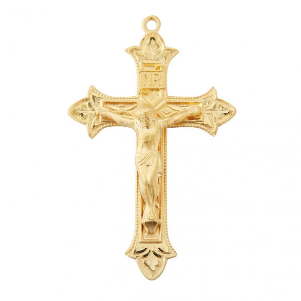 Fleur de lis Crucifix Gold Over Sterling Silver Pendant — 24" Chain, Gift Box