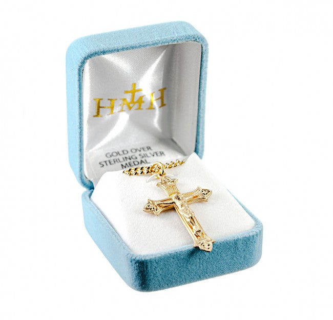 Fleur de lis Crucifix Gold Over Sterling Silver Pendant — 24" Chain, Gift Box