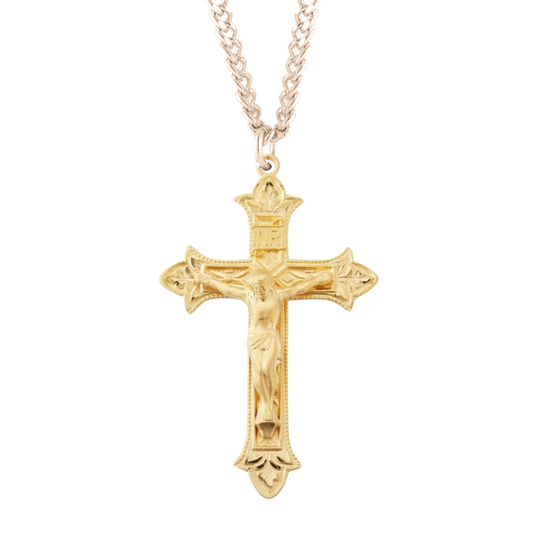 1-9/16"Gold Plated Sterling Silver Fluer de lis Tip crucifix on a , Catholic Gift, Made in USA
