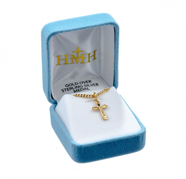 Crucifix 16kt Gold Over Sterling Silver Pendant — 18" Chain, Gift Box Included