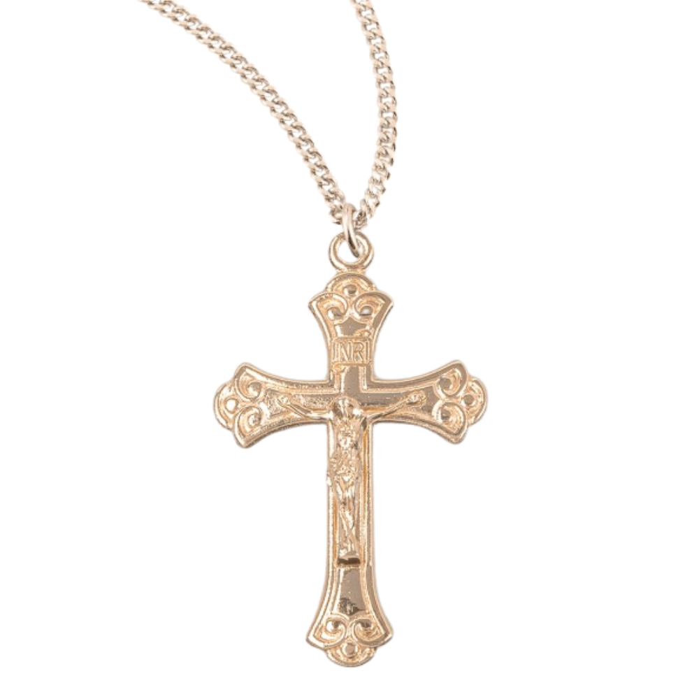 Swirled Gold Plated Sterling Silver Crucifix, Catholic Gift, Made in USA