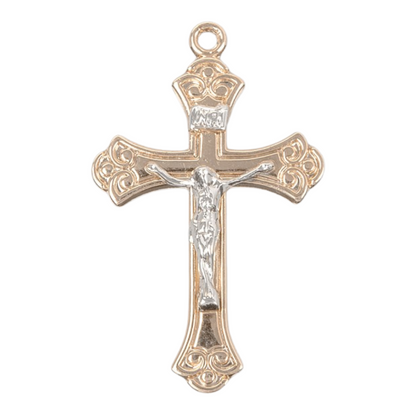 Swirled Two Toned Crucifix Gold Plated Sterling Silver Pendant — 18" Chain