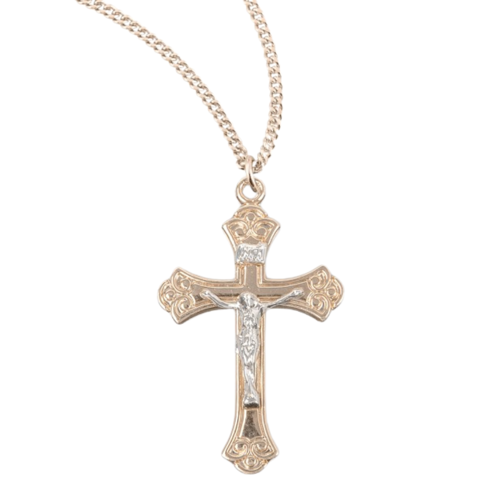 Swirled Gold Plated Sterling Silver Two Toned Crucifix, Catholic Gift, Made in USA