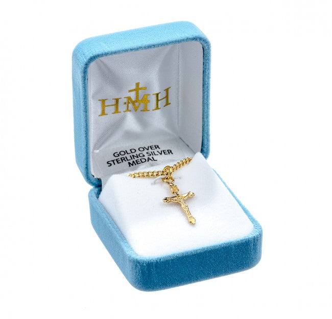Flare Tipped Crucifix 16kt Gold Over Sterling Silver Pendant - 18" Chain, Gift Box