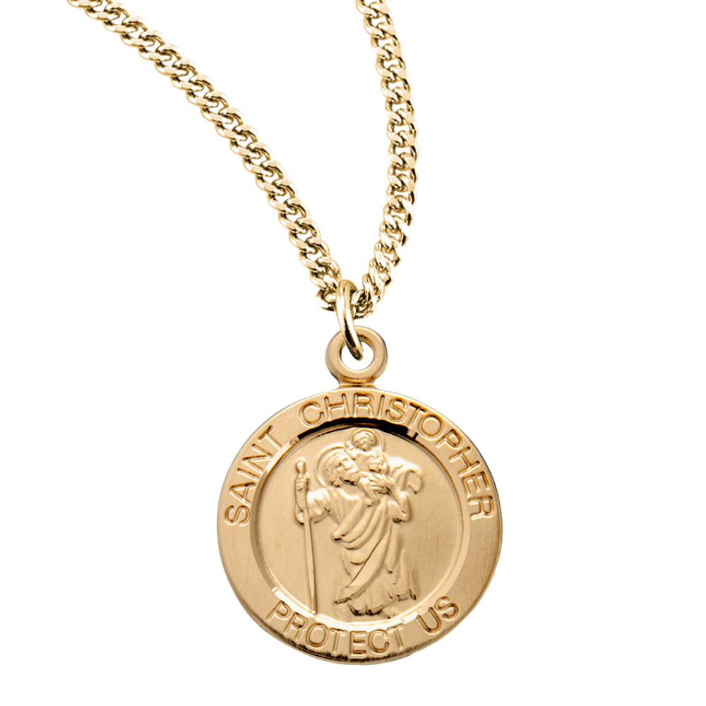 Patron Saint Christopher Round Gold Plated Sterling Silver Medal, Catholic Gift, Made in USA