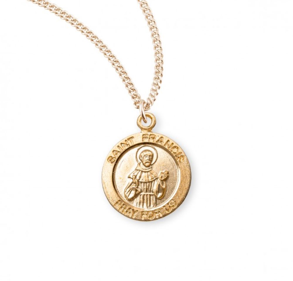 Patron Saint Francis of Assisi Round Gold Plated Sterling Silver Medal, Catholic Gift, Made in USA