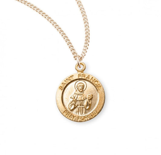 Patron Saint Francis of Assisi Round Gold Plated Sterling Silver Medal, Catholic Gift, Made in USA