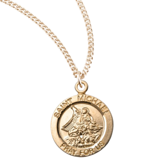 Patron Saint Michael Round Gold Plated Sterling Silver Medal, Catholic Gift, Made in USA