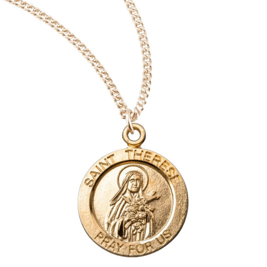 Patron Saint THerese of Lisieux Round Gold Plated Sterling Silver Medal, Catholic Gift, Made in USA