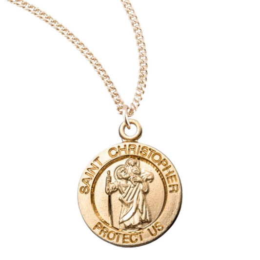 Patron Saint Christopher Round Gold Plated Sterling Silver Medal, Catholic Gift, Made in USA