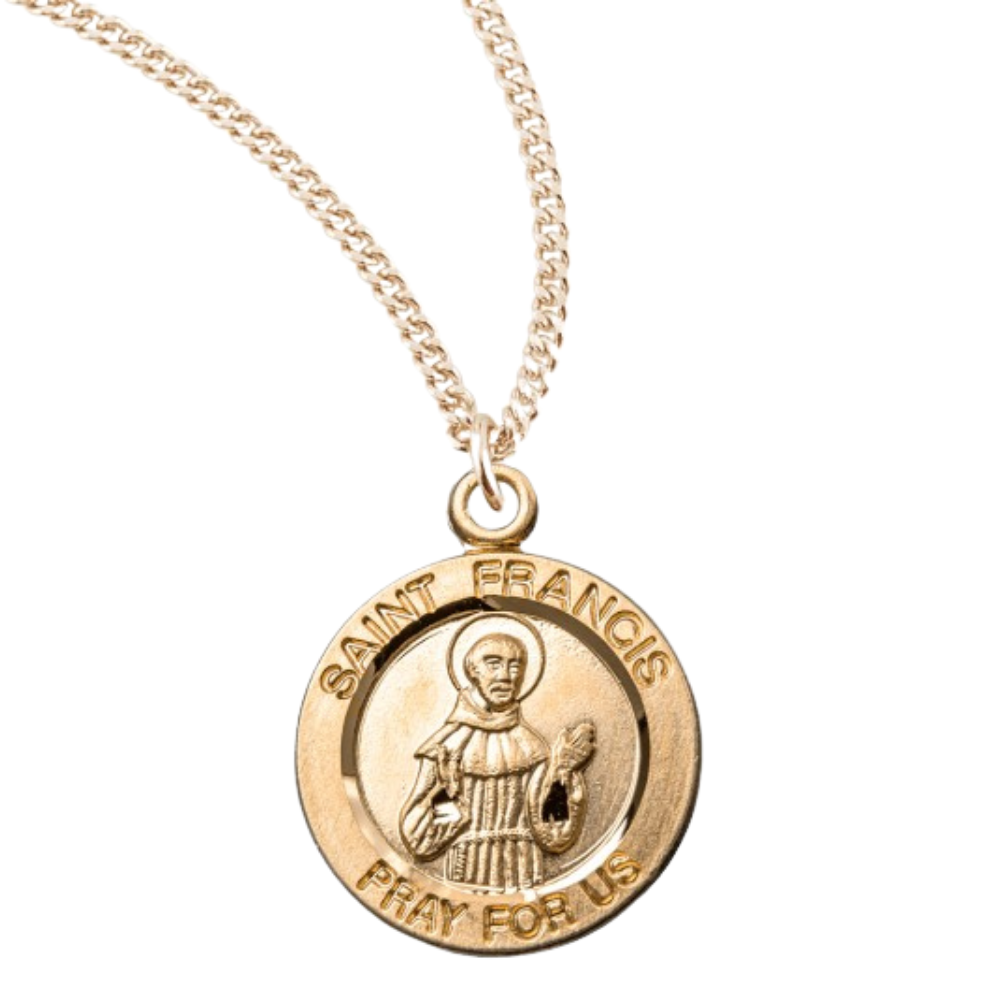 Patron Saint Francis of Assisi Round Gold Plated Sterling Silver Medal, Catholic Gift, Made in USA