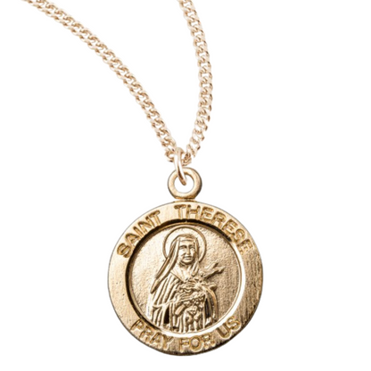 Patron Saint THerese of Lisieux Round Gold Plated Sterling Silver Medal, Catholic Gift, Made in USA