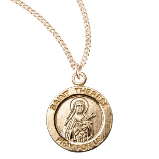 Patron Saint THerese of Lisieux Round Gold Plated Sterling Silver Medal, Catholic Gift, Made in USA