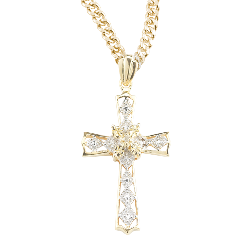 Gold Plated Sterling Silver Crystal Cubic Zirconia "CZ" Cross Pendant, Catholic Gift, Made in USA
