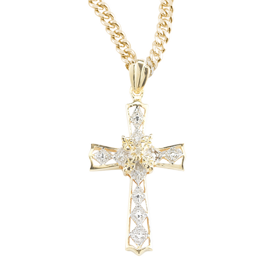 Gold Plated Sterling Silver Crystal Cubic Zirconia "CZ" Cross Pendant, Catholic Gift, Made in USA