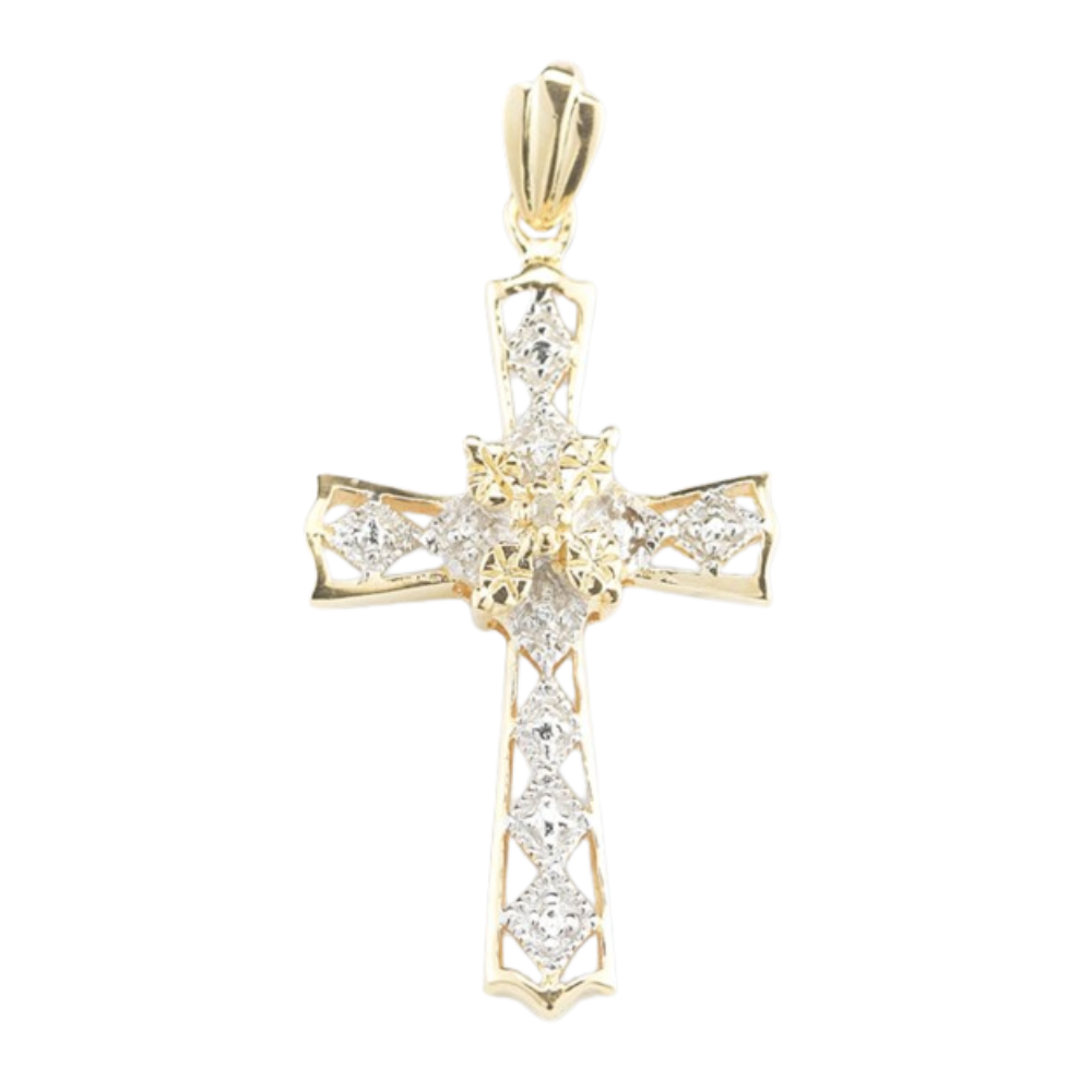 CZ Cross Necklace 16kt Gold Over Sterling Silver Pendant — 18" Chain, Gift Box