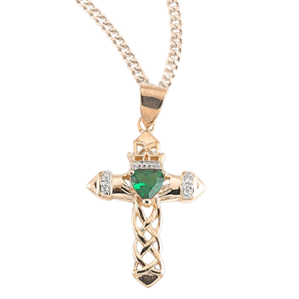 Gold Plated Sterling Silver Cross Pendant with Emerald Zircon, Catholic Gift, Made in USA