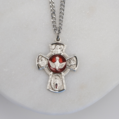 Sterling Silver Small 4-Way W/ Red Holy Spirit, Catholic Gift, Made in USA