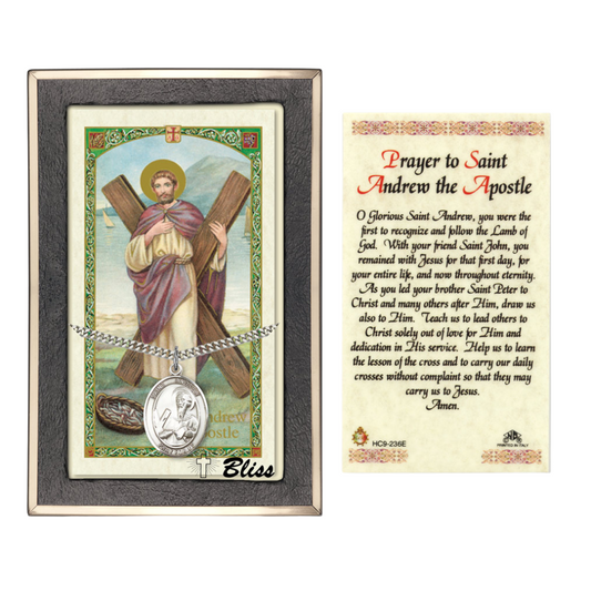 .925 Sterling Silver Saint St. Andrew the Apostle Medal Pendant on 24 Inch Endless Rhodium Plated Heavy Curb Brass Chain, Catholic Religious Necklace - Made in USA- Prayer Card Included