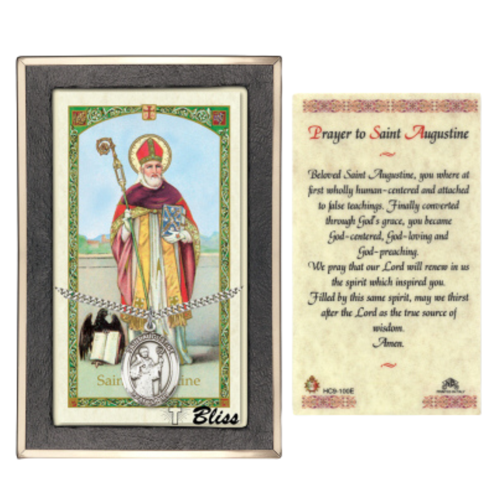 .925 Sterling Silver Saint St. Augustine of Hippo Medal Pendant on 24 Inch Endless Rhodium Plated Heavy Curb Brass Chain, Catholic Religious Necklace - Made in USA- Prayer Card Included