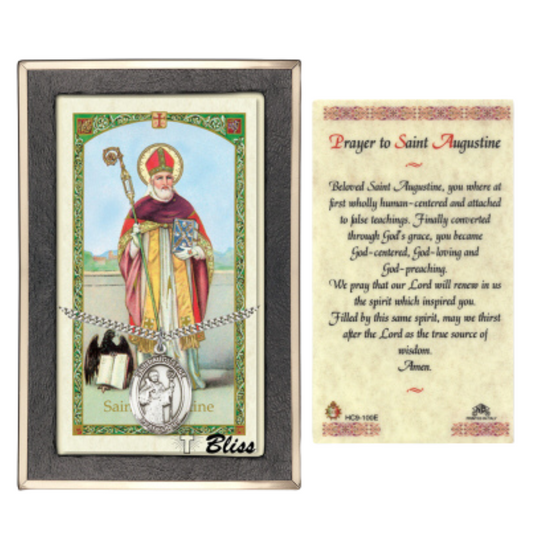 .925 Sterling Silver Saint St. Augustine of Hippo Medal Pendant on 24 Inch Endless Rhodium Plated Heavy Curb Brass Chain, Catholic Religious Necklace - Made in USA- Prayer Card Included